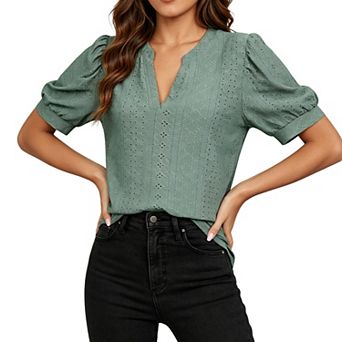 Women's Eyelet V Neck Puff Short Sleeve Blouse Casual Dressy Tunic Tops for Women
