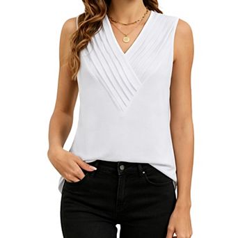 Womens V Neck Pleated Sleeveless Tank Tops Casual Summer Blouse