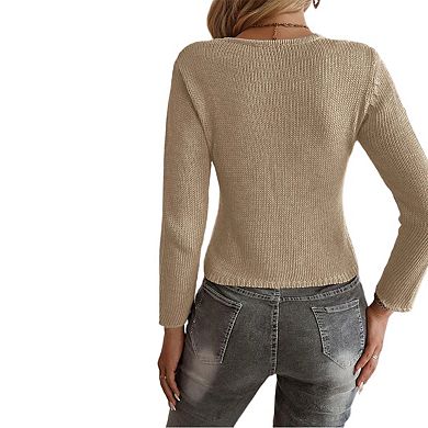 Womens Open Front Sweater Long Sleeve Solid Color Knitted Cardigans Button-Down Knit Tops
