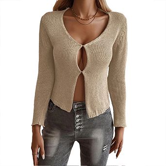 Womens Open Front Sweater Long Sleeve Solid Color Knitted Cardigans Button-Down Knit Tops
