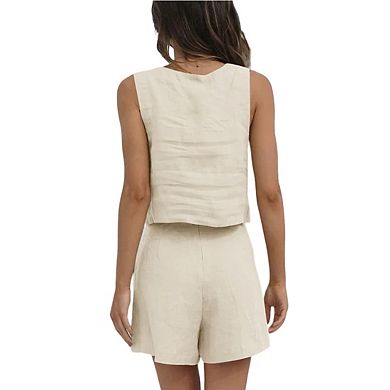 Women's Casual Two-Piece Set Square Neck Crop Top with High-Waisted Pleated Shorts