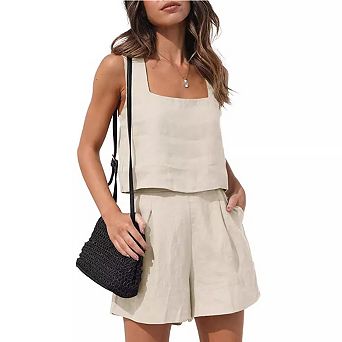 Women's Casual Two-Piece Set Square Neck Crop Top with High-Waisted Pleated Shorts