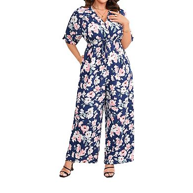 Womens Plus Size Casual Summer Floral Jumpsuits Half Sleeve Wide Leg Long Pant Rompers