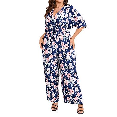 Womens Plus Size Casual Summer Floral Jumpsuits Half Sleeve Wide Leg Long Pant Rompers