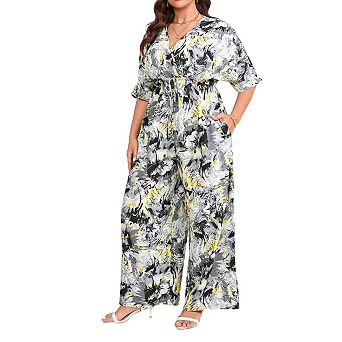 Womens Plus Size Casual Summer Floral Jumpsuits Half Sleeve Wide Leg Long Pant Rompers