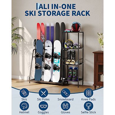 Multi-Functional Ski Snowboard Storage Stand, Space Saving Gear Holder for Basement Mudroom Home