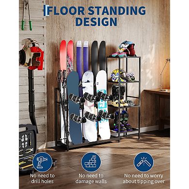 Multi-Functional Ski Snowboard Storage Stand, Space Saving Gear Holder for Basement Mudroom Home