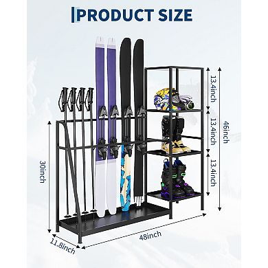 Multi-Functional Ski Snowboard Storage Stand, Space Saving Gear Holder for Basement Mudroom Home