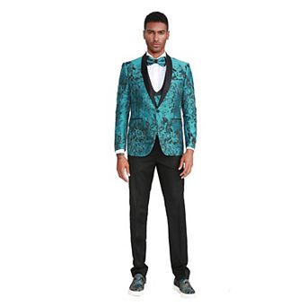 Men's 3 pc Floral Suit Set w/ Satin Shawl Collar & Matching Bowtie
