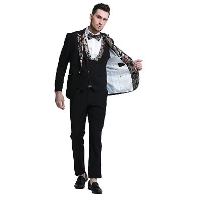 Men's 3-Piece Solid Suit Set w/ Floral Peak Lapel