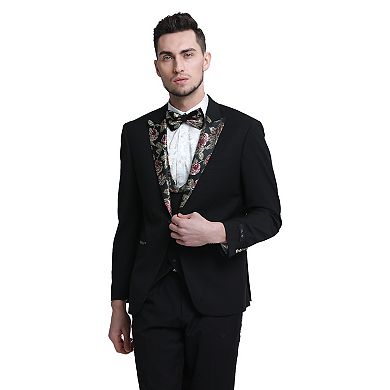 Men's 3-Piece Solid Suit Set w/ Floral Peak Lapel