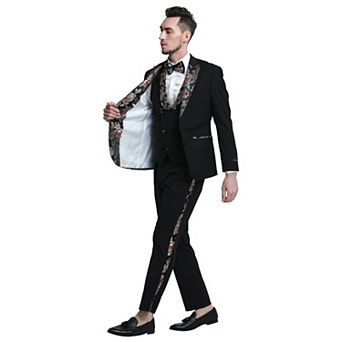 Men's 3 pc Solid Suit Set w/ Floral Peak Lapel