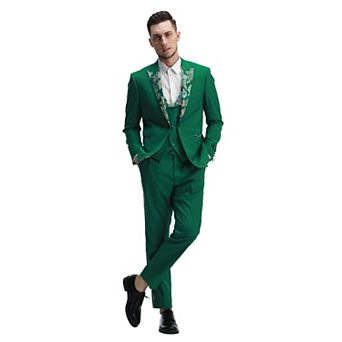 Men's 3 pc Solid Suit Set w/ Floral Peak Lapel