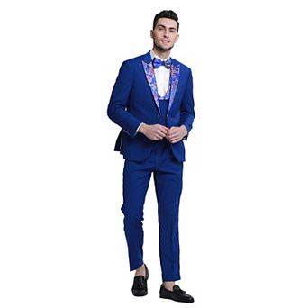 Men's 3 pc Solid Suit Set w/ Floral Peak Lapel