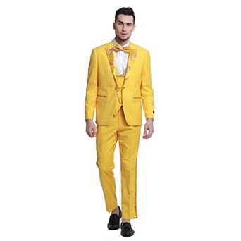 Men's 3 pc Solid Suit Set w/ Floral Peak Lapel