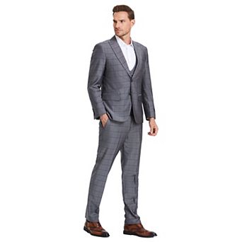 Men's 3 pc Shiny Windowpane Suit Set w/ Satin Shawl Collar