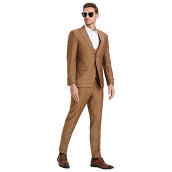 Men's 3 pc Shiny Windowpane Suit Set w/ Satin Shawl Collar