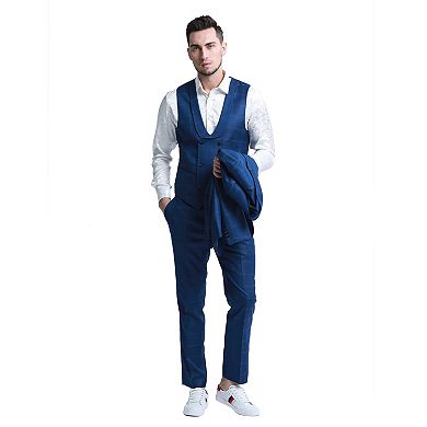 Men's Plaid Windowpane 3pc Suit Set w/ Double Breasted Vest