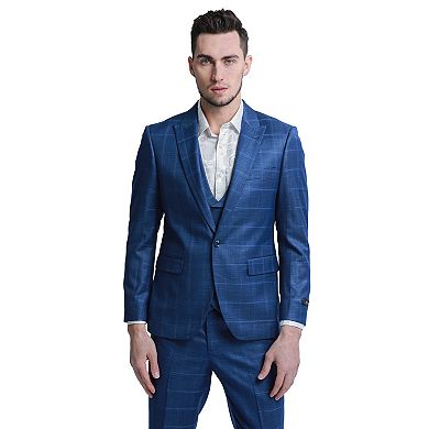 Men's Plaid Windowpane 3pc Suit Set w/ Double Breasted Vest