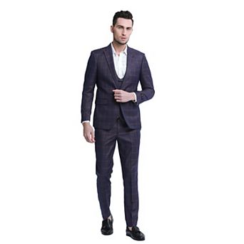 Men's Plaid Windowpane 3 pc Suit Set w/ Double Breasted Vest