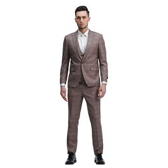 Men's Plaid Windowpane 3 pc Suit Set w/ Double Breasted Vest
