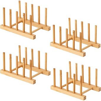 4 pc Bamboo Dish Rack Set, 4-Slot Plate and Lid Organizer