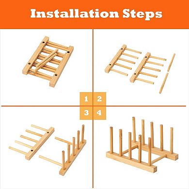 4-Piece Bamboo Dish Rack Set, 4-Slot Plate and Lid Organizer