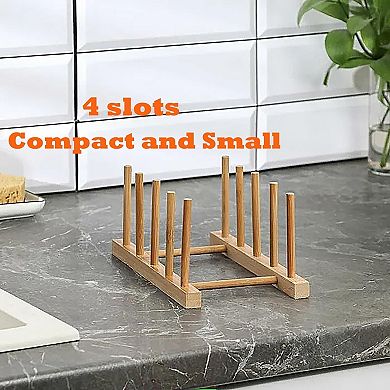 4-Piece Bamboo Dish Rack Set, 4-Slot Plate and Lid Organizer