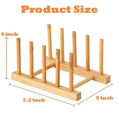 4-Piece Bamboo Dish Rack Set, 4-Slot Plate and Lid Organizer