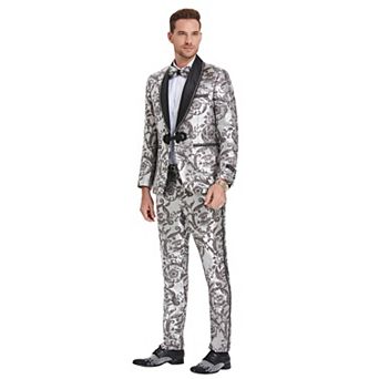 Men's 2 pc Floral Baroque Fashion Suit Set w/ Satin Shawl Collar