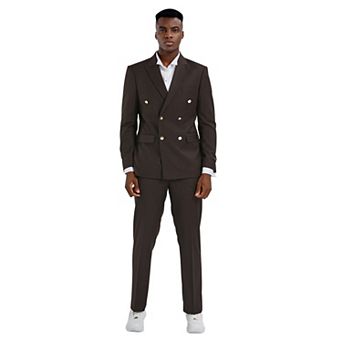 Men’s Skinny-Fit 2 pc Double-Breasted Suit Set with Peak Lapel & Gold Buttons