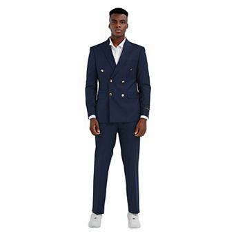 Men’s Skinny-Fit 2 pc Double-Breasted Suit Set with Peak Lapel & Gold Buttons