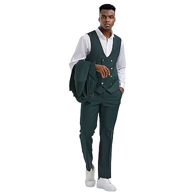 Men’s Skinny-Fit 3-Piece Solid Suit Set with Peak Lapel Jacket & Double-Breasted Vest