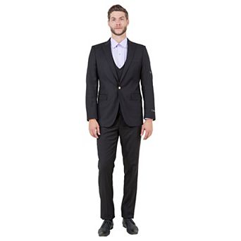 Men’s Skinny-Fit 3 pc Solid Suit Set with Peak Lapel Jacket & Double-Breasted Vest