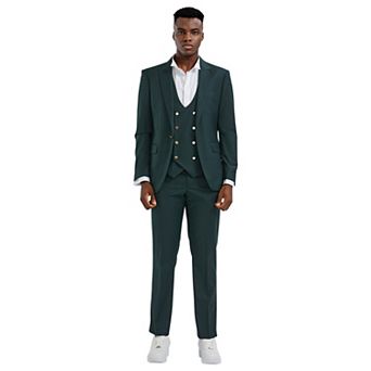 Men’s Skinny-Fit 3 pc Solid Suit Set with Peak Lapel Jacket & Double-Breasted Vest