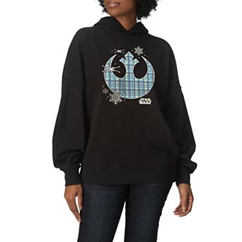 Women's Star Wars Holiday Plaid Rebel Icon Oversized Fleece Hoodie Sweatshirt