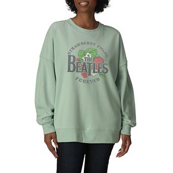 Women's The Beatles Strawberry Fields Forever Distressed Oversized Fleece Crew Sweatshirt