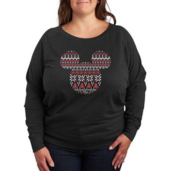 Plus Size Disney's Mickey Mouse Fair Isle Holiday Patterns French Terry Long Sleeve Tee