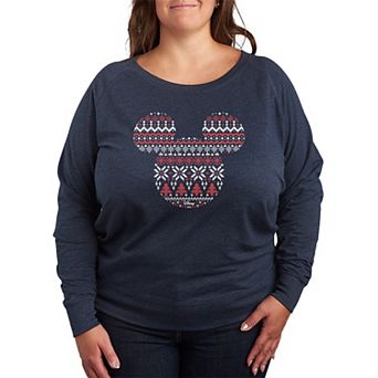 Plus Size Disney's Mickey Mouse Fair Isle Holiday Patterns French Terry Long Sleeve Tee