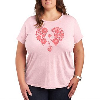 Plus Size Breast Cancer Awareness Floral Ribbon Heart Graphic Tee