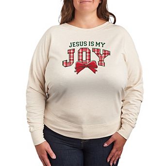 Plus Size “Jesus Is My Joy” Plaid Bow French Terry Long Sleeve Tee