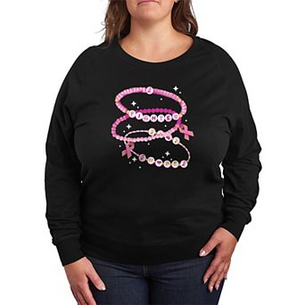 Plus Size Breast Cancer Awareness Charm Bracelet French Terry Long Sleeve Tee