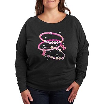 Plus Size Breast Cancer Awareness Charm Bracelet French Terry Long Sleeve Tee