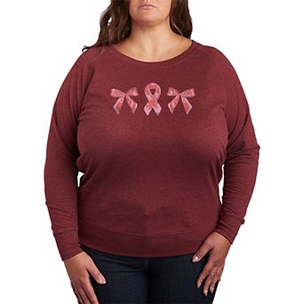 Plus Size Breast Cancer Awareness Pink Ribbon & Bows French Terry Long Sleeve Tee