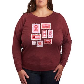 Plus Size Breast Cancer Awareness Stamps Collage French Terry Long Sleeve Tee