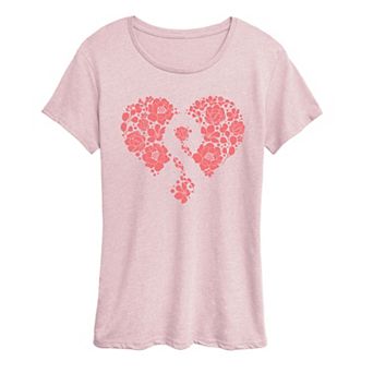 Women's Breast Cancer Awareness Floral Ribbon Heart Graphic Tee