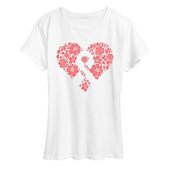 Women's Breast Cancer Awareness Floral Ribbon Heart Graphic Tee
