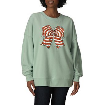 Women's Christmas Candy Stripe Bow Oversized Fleece Crew Sweatshirt