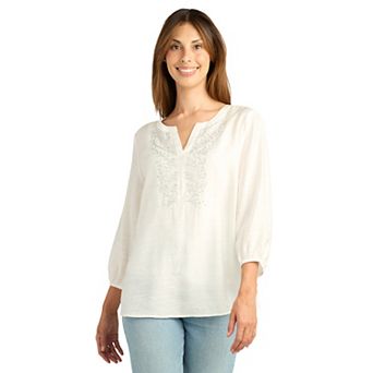Women's AB Studio Elbow Sleeve Split Neck Embroidered Top