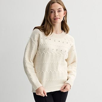 Women's Farmers Market Cable Knit Crystal Pullover Sweater